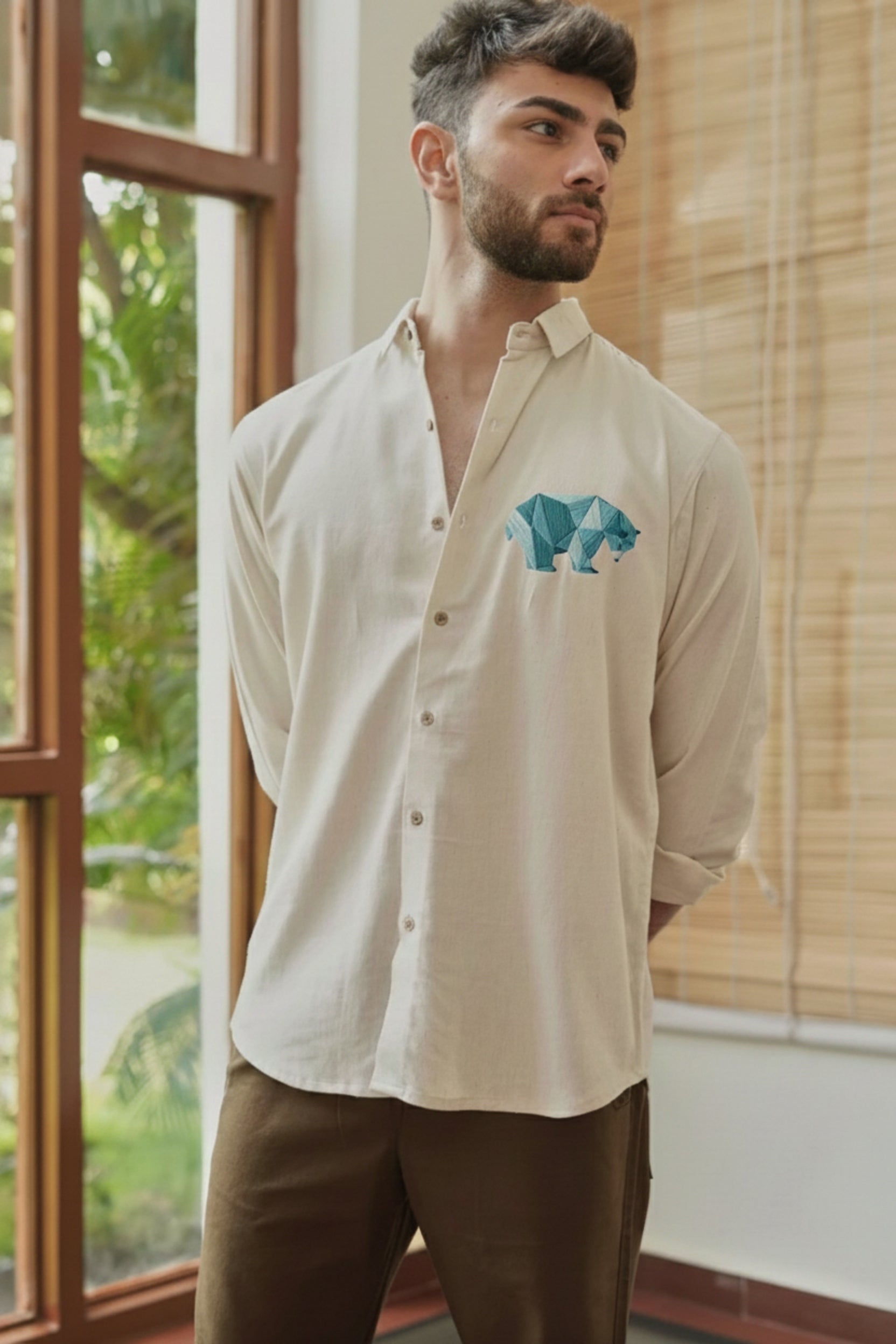 Men's Geometric Bear Embroidered Shirt