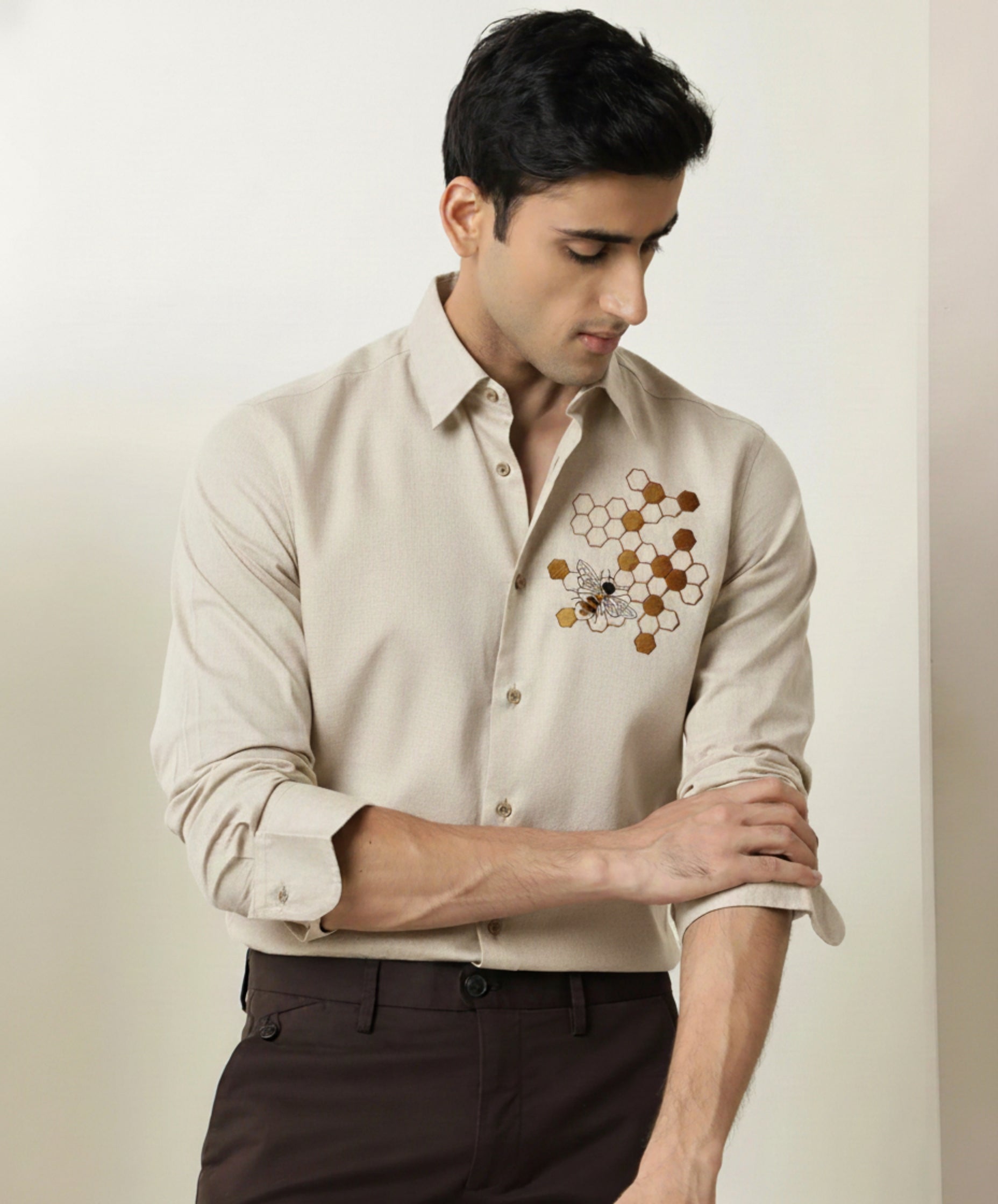Men's Button-Down Shirt with Gold Honeycomb & Bee Embroidery
