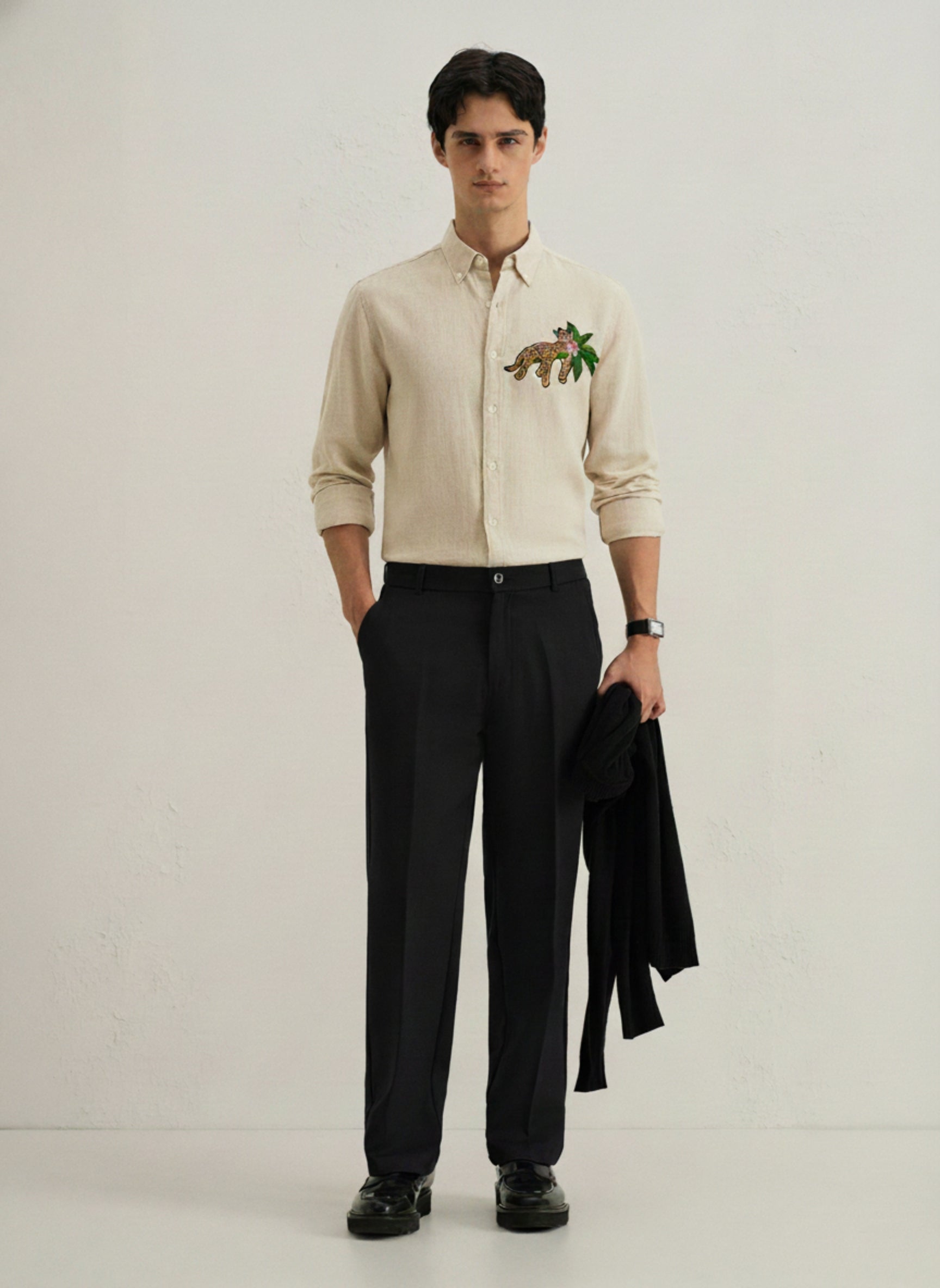 Men's Slim-Fit Shirt with Embroidered Leopard & Palm Leaf