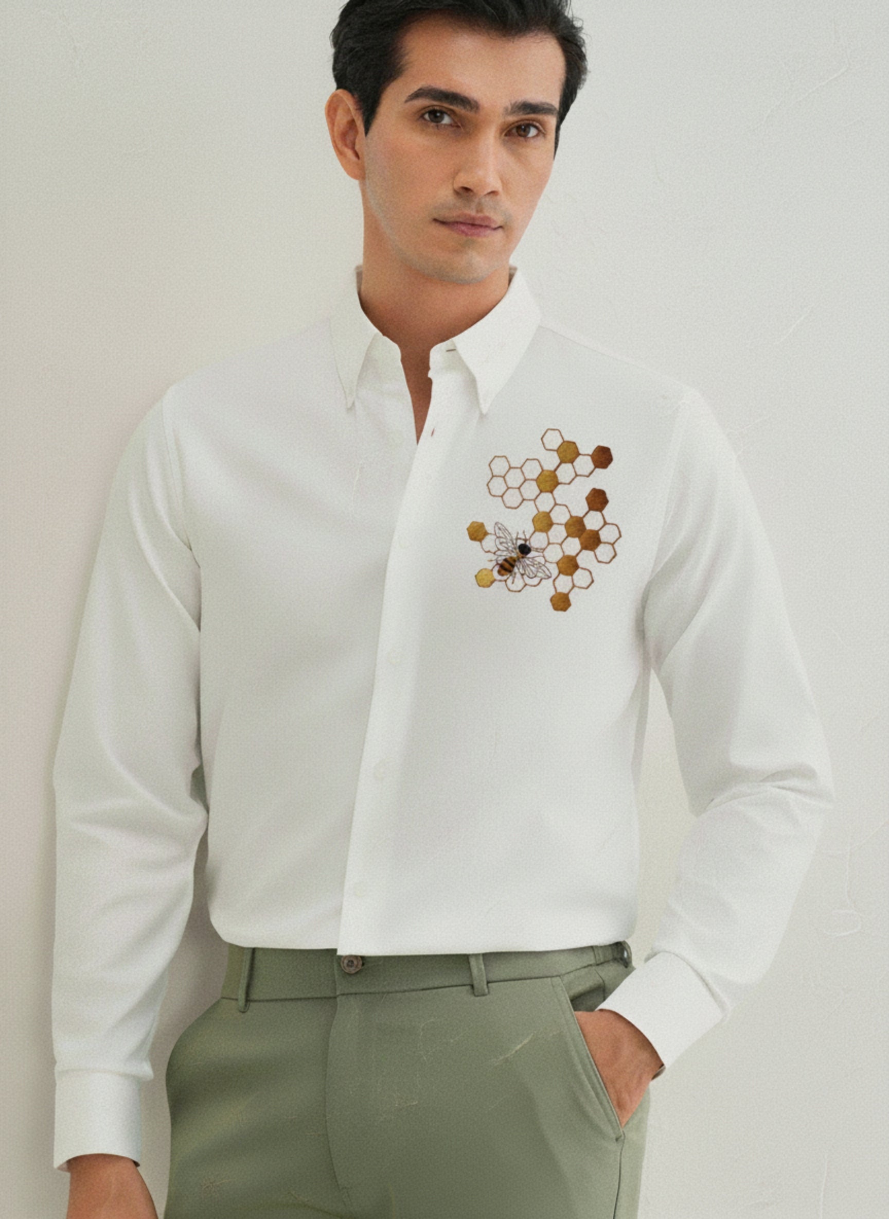 Men's Button-Down Shirt with Gold Honeycomb & Bee Embroidery