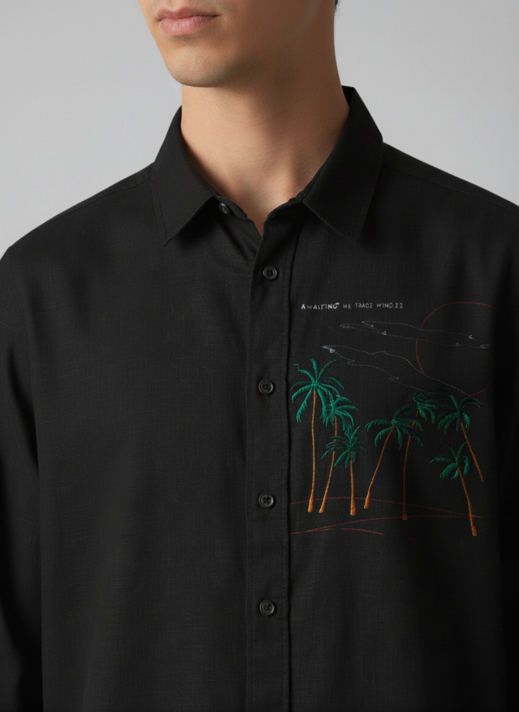 Men’s Casual Linen-Blend Embroidered Palm Tree Shirt