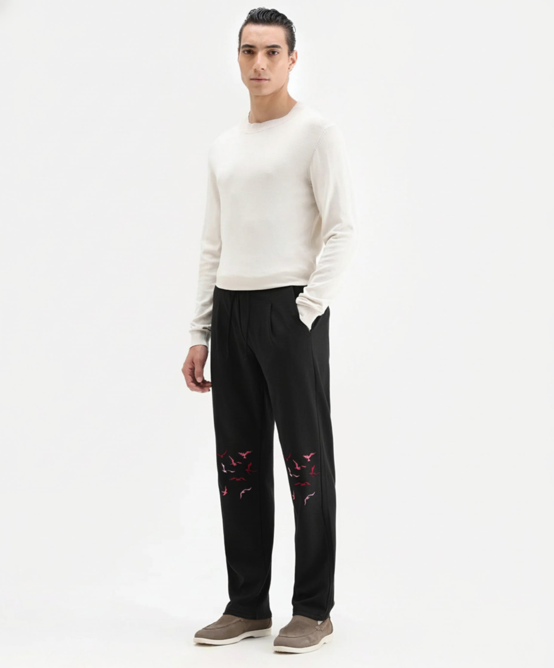 Flying Birds Embroidered Relaxed-Fit Trousers