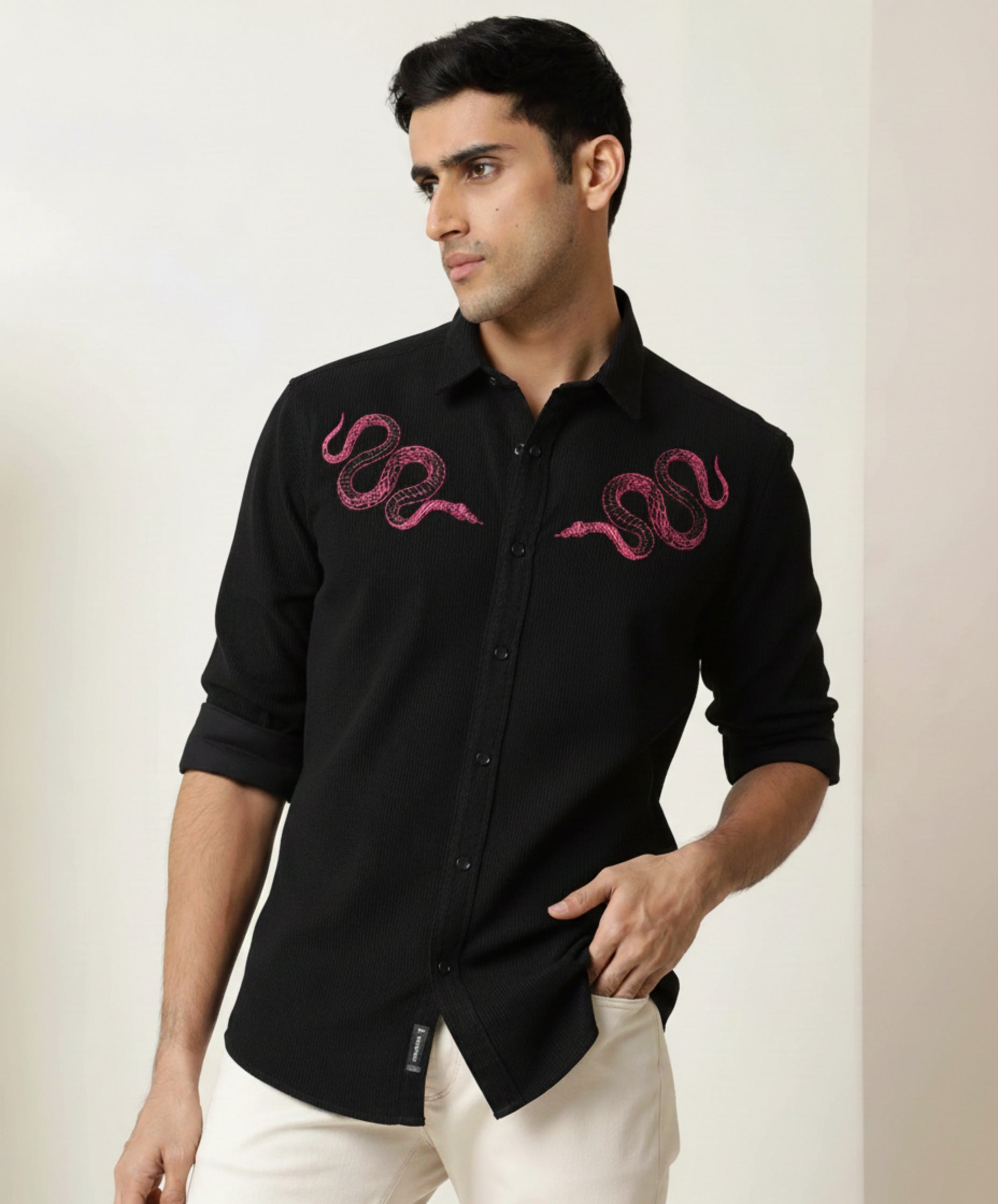 Men's Micro-Ribbed Streetwear Shirt with Pink Snake Embroidery