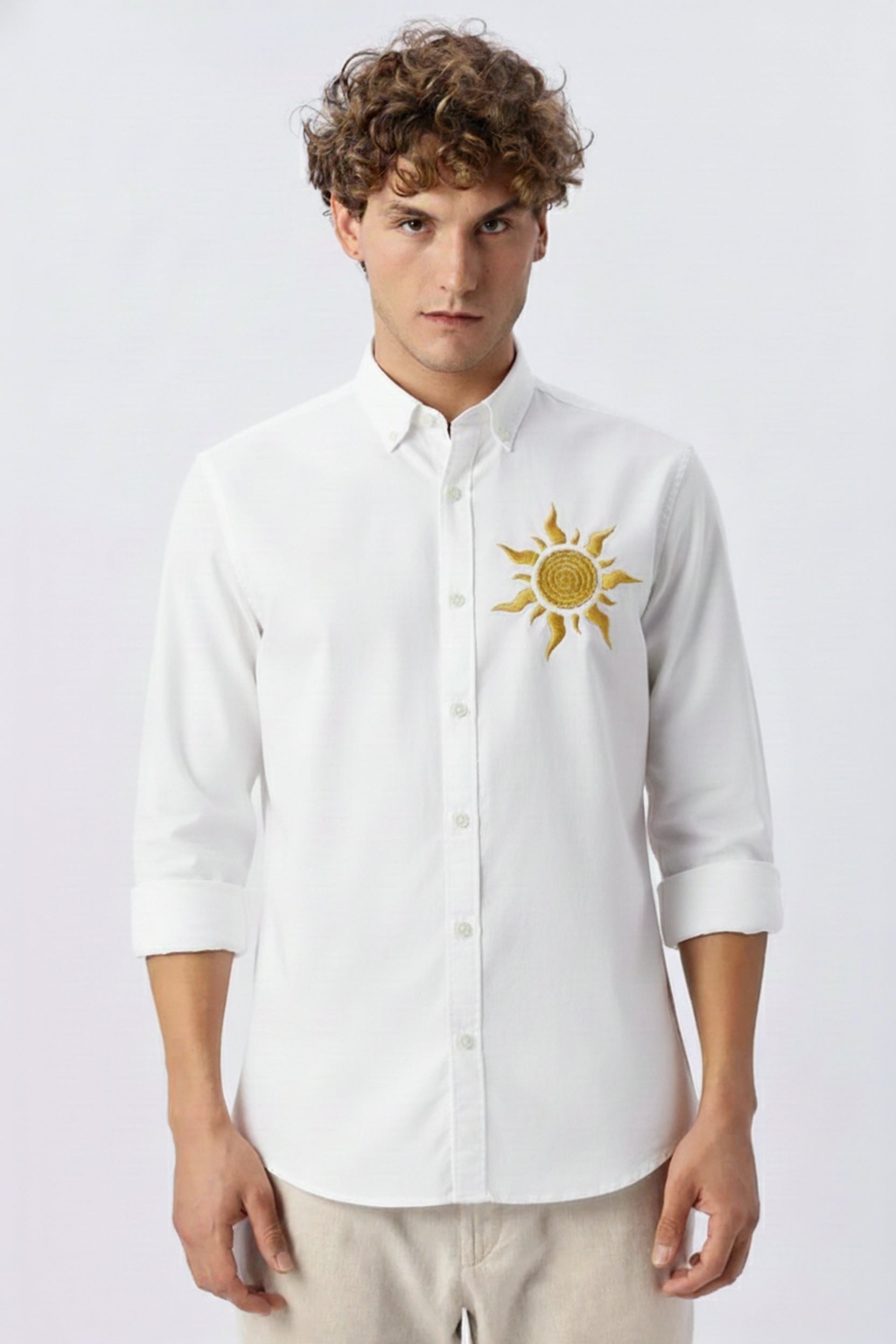 Men's Satin-Finish Shirt with Gold Sun Embroidery