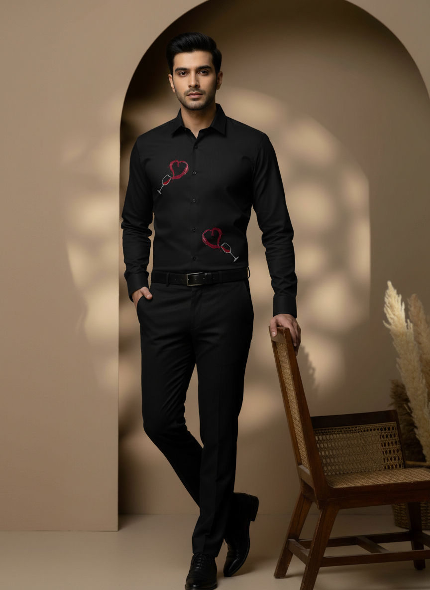 Men's Button-Up Shirt with Wine Glass & Heart Design