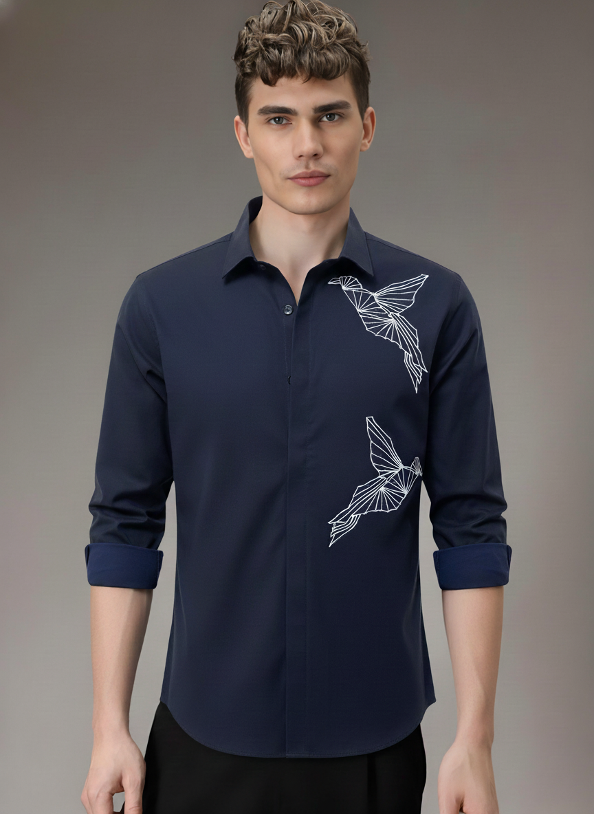 Men’s Navy Blue Slim Fit Shirt with Dual Geometric Bird Embroidery