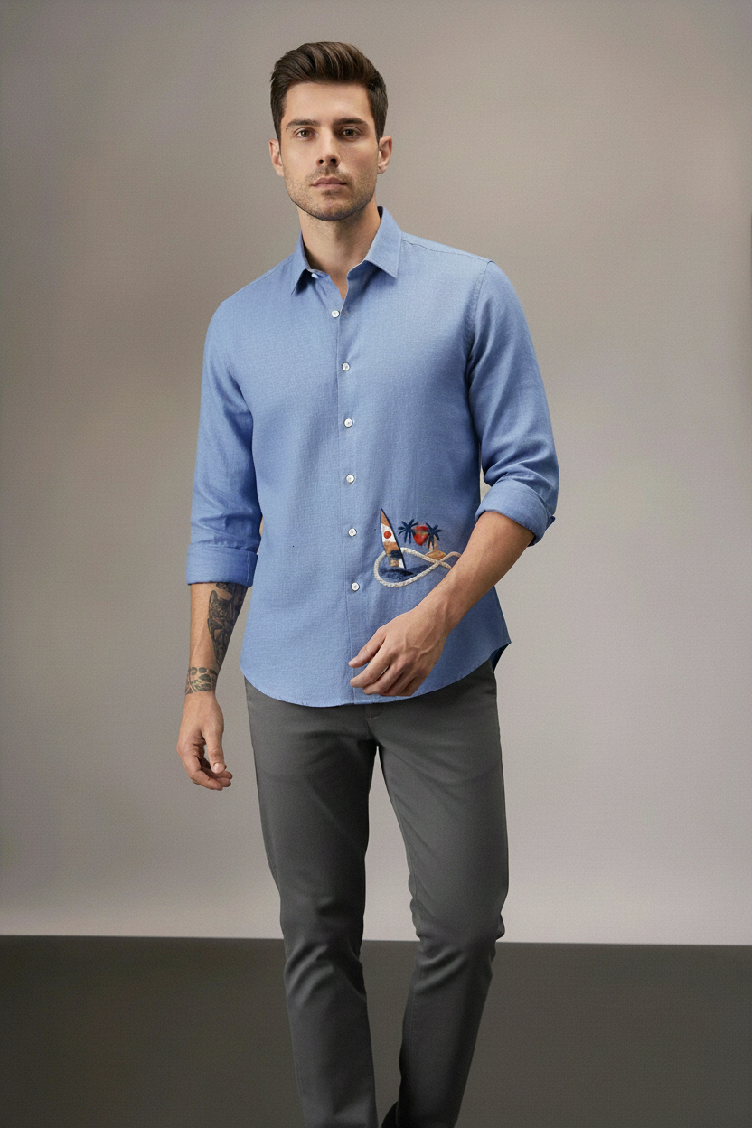 Men’s Sky Blue Casual Shirt with Tropical Embroidery Detailing