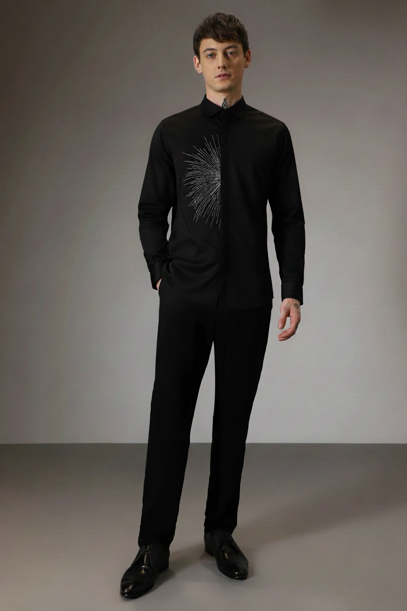 Men’s Black Slim Fit Shirt with Silver Abstract Burst Embroidery & Concealed Button Placket