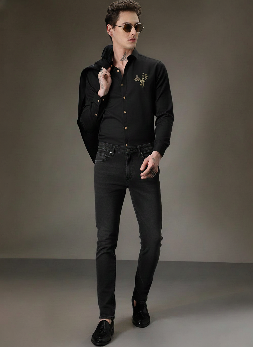 Men’s Black Slim Fit Shirt with Golden Deer Embroidery & Contrast Buttons