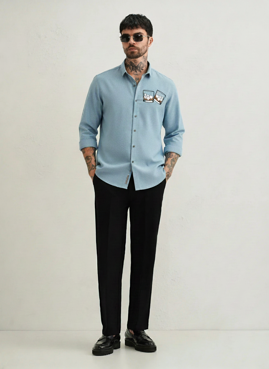 Men’s Light Blue “Whiskey Glass” Embroidered Casual Shirt