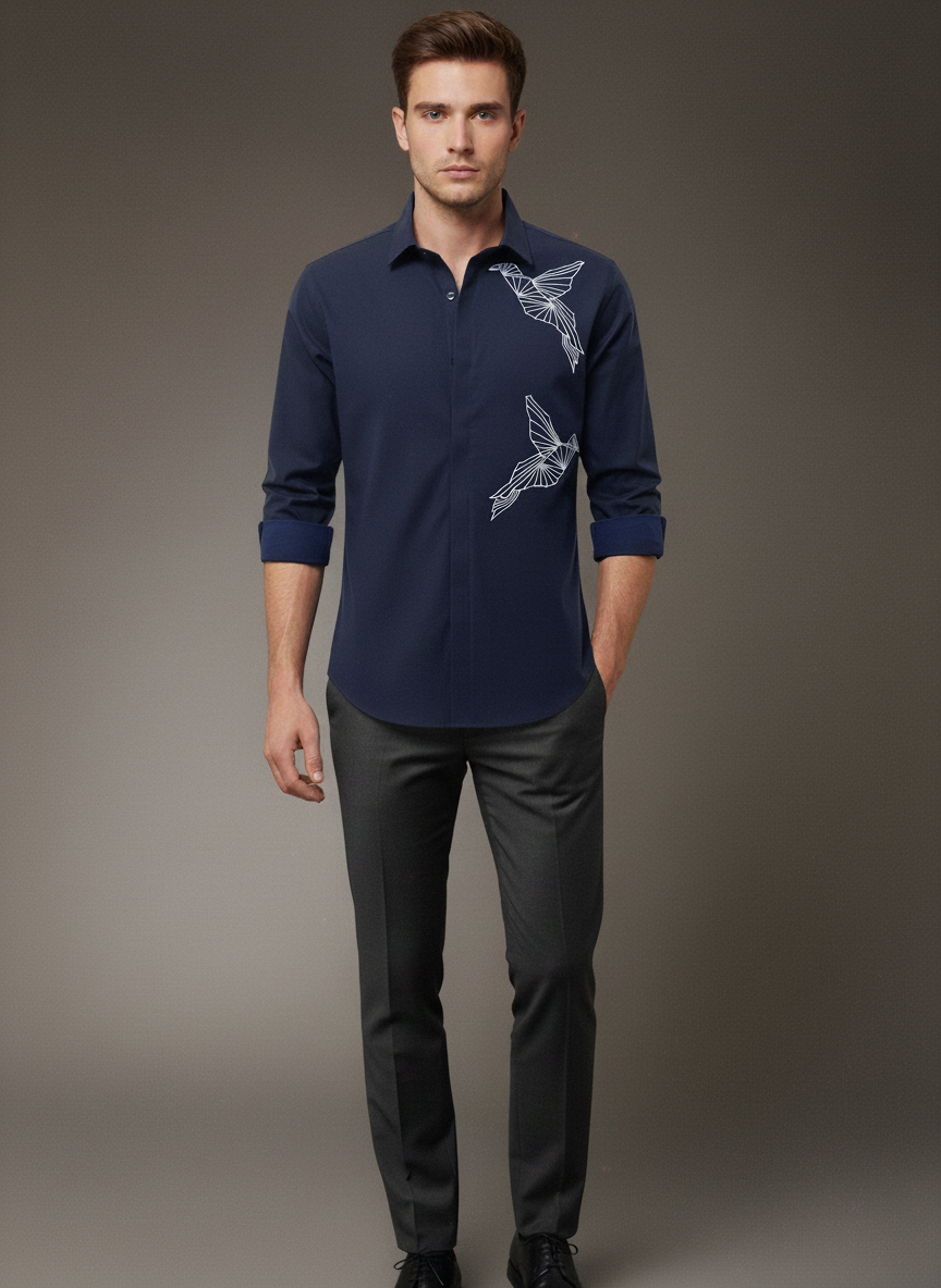 Men’s Navy Blue Slim Fit Shirt with Dual Geometric Bird Embroidery