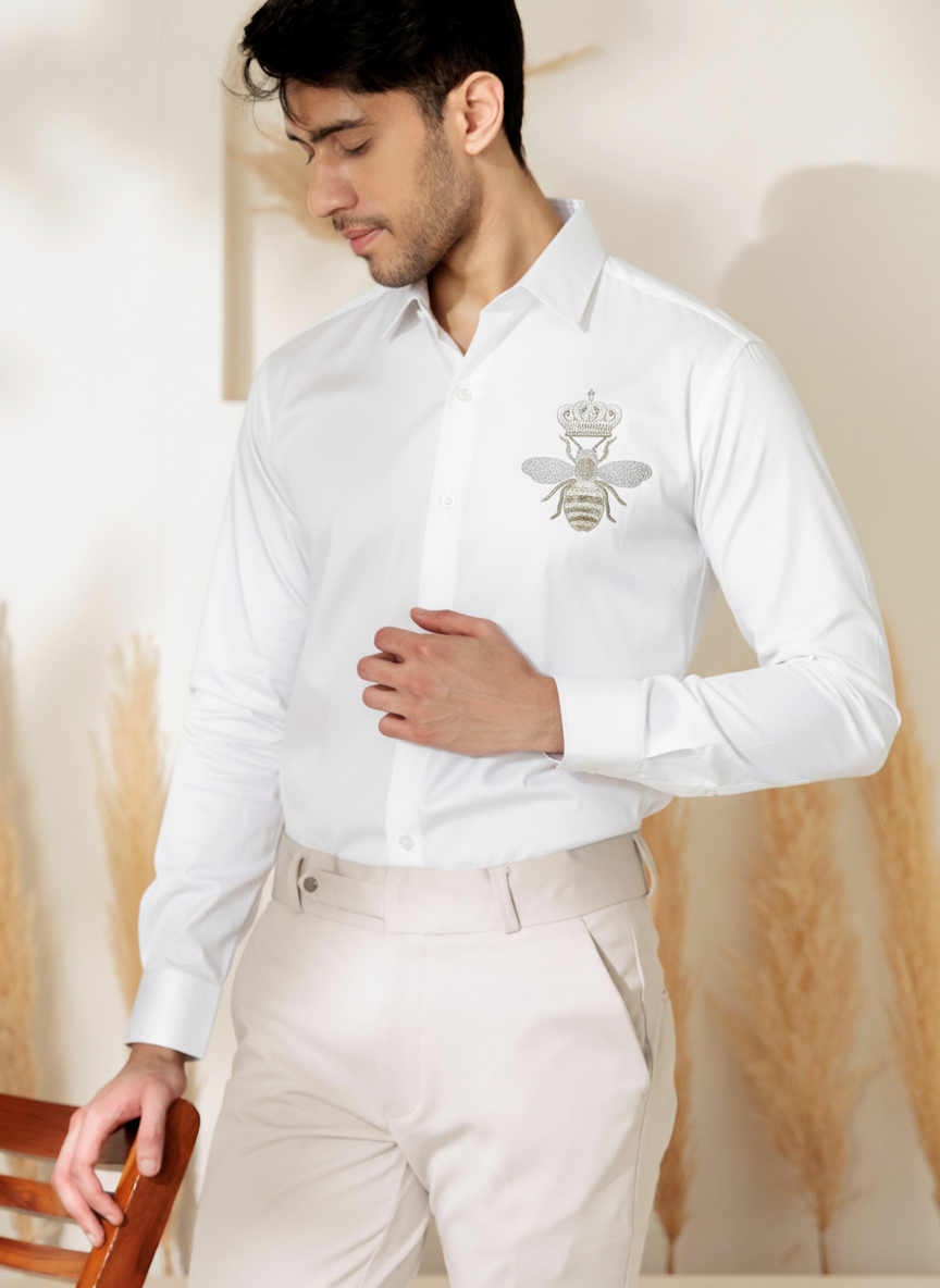 Men's Black Button-Up Shirt with Crowned Bee Design