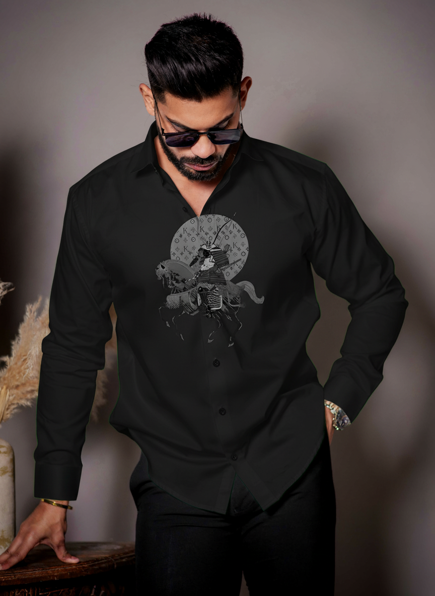 Men’s Long-Sleeve Samurai Warrior Shirt with Lunar Emblem Print