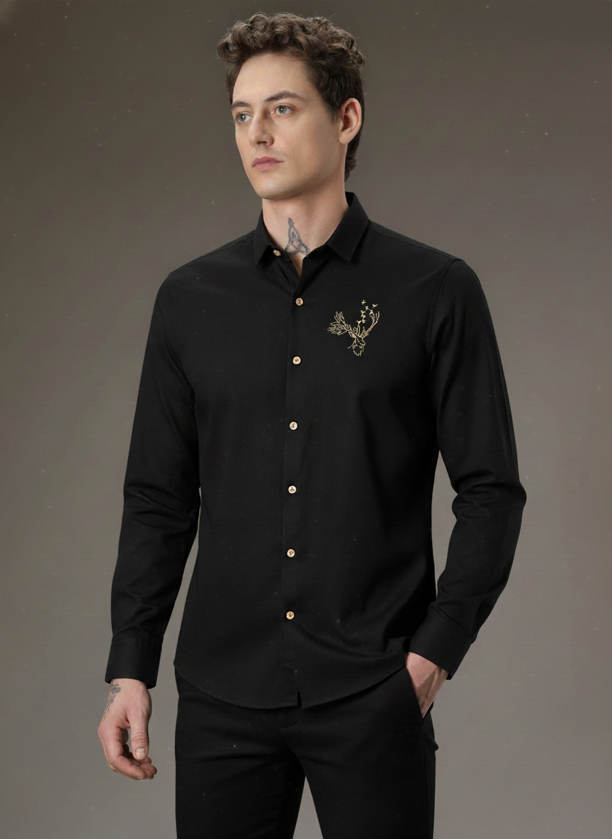 Men’s Black Slim Fit Shirt with Golden Deer Embroidery & Contrast Buttons