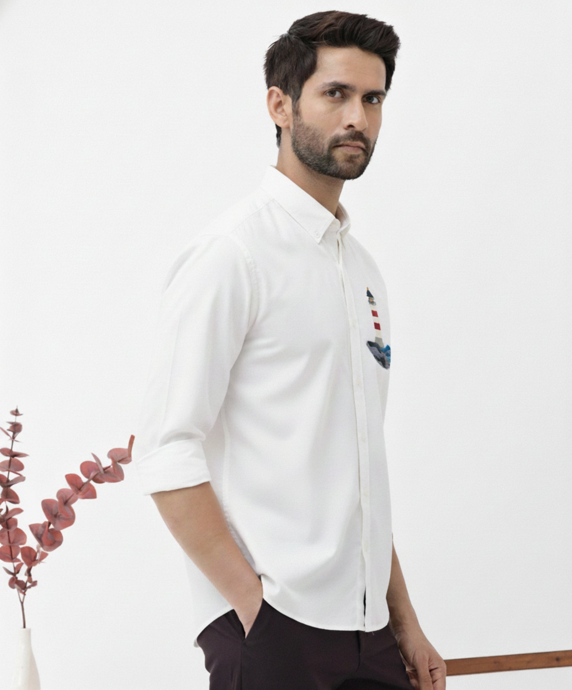 Men’s Button-Down Shirt with Lighthouse & Ocean Wave Embroidered Design