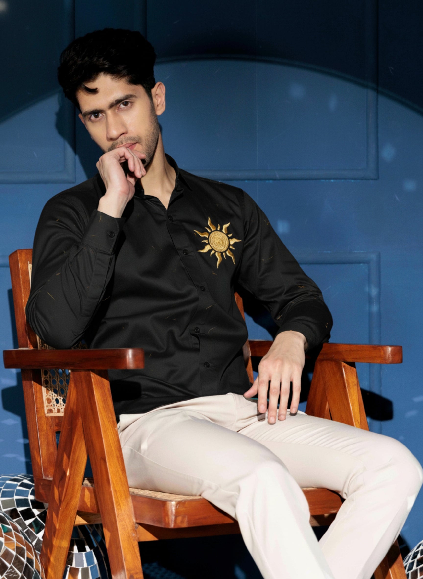 Men's Satin-Finish Shirt with Gold Sun Embroidery