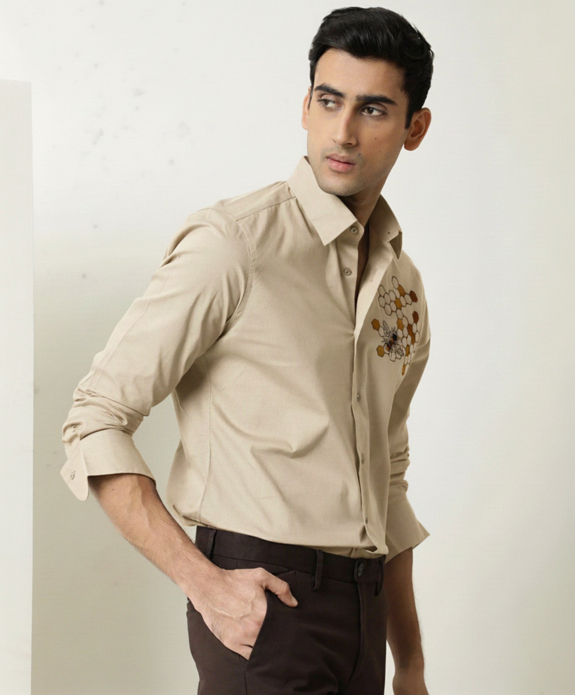 Men's Button-Down Shirt with Gold Honeycomb & Bee Embroidery