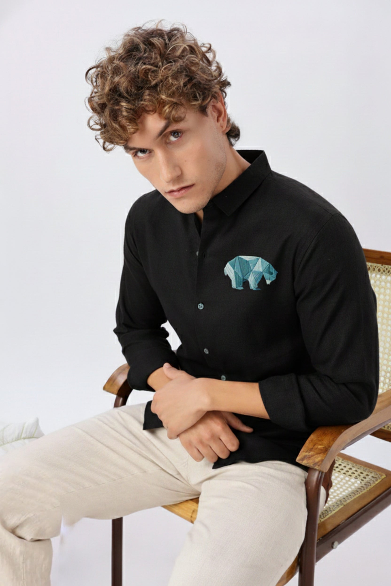 Men's Geometric Bear Embroidered Shirt