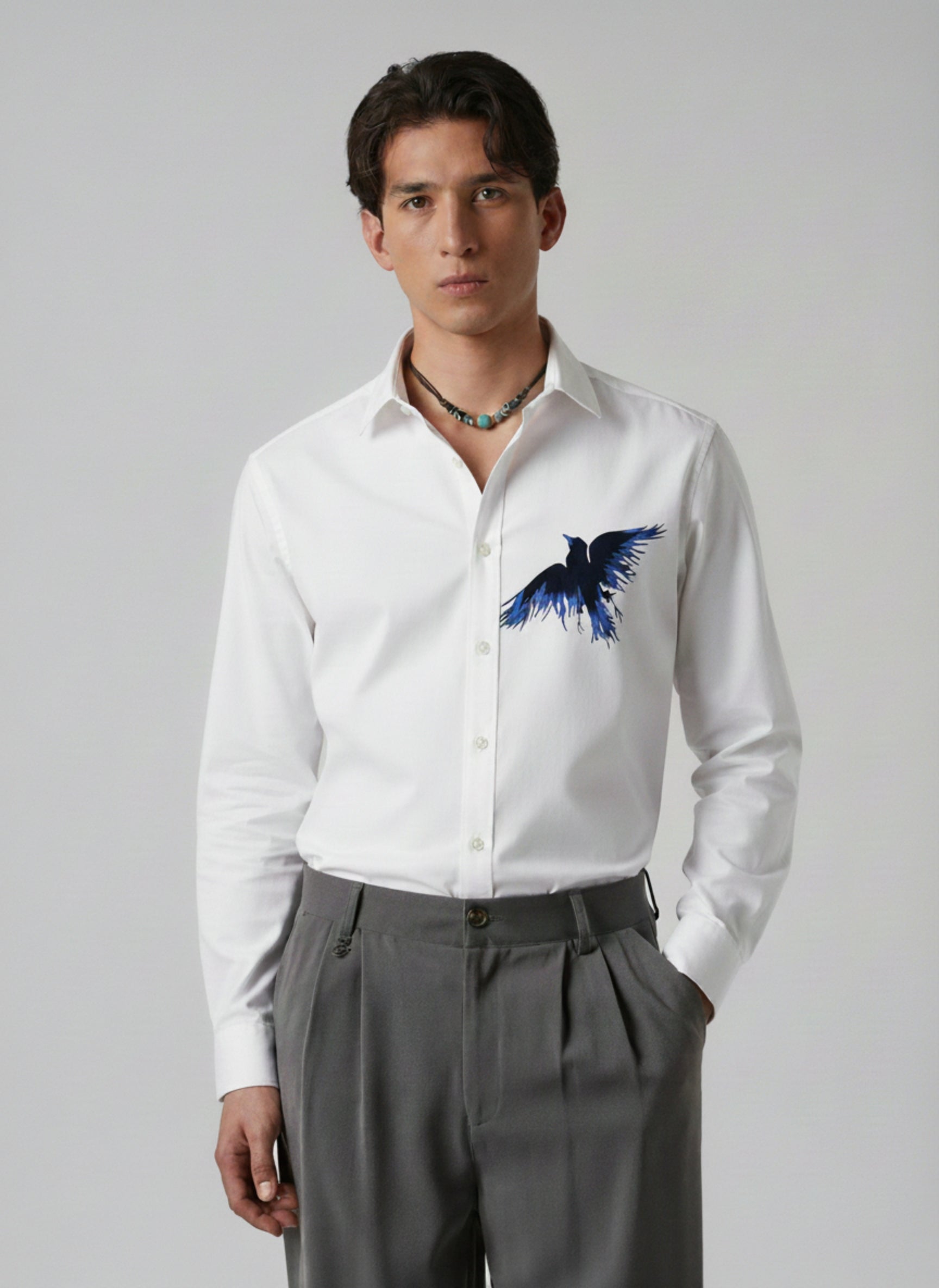 Men’s Linen-Blend Button-Down Shirt with Blue Raven Embroidery
