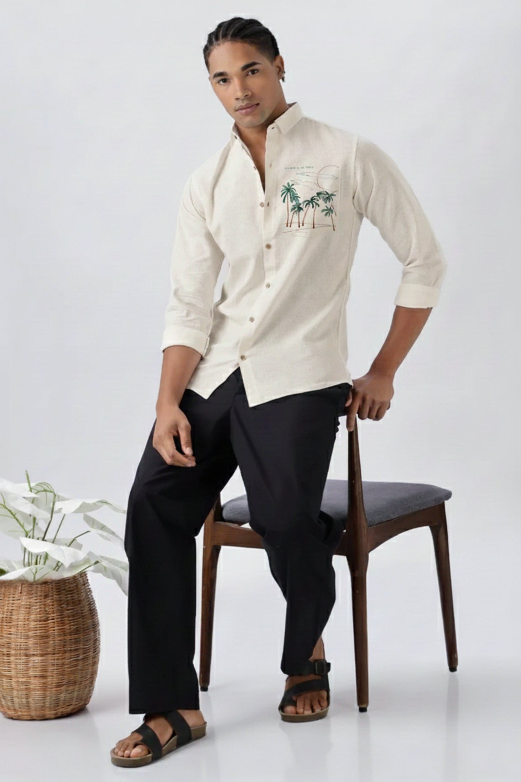 Men’s Casual Linen-Blend Embroidered Palm Tree Shirt