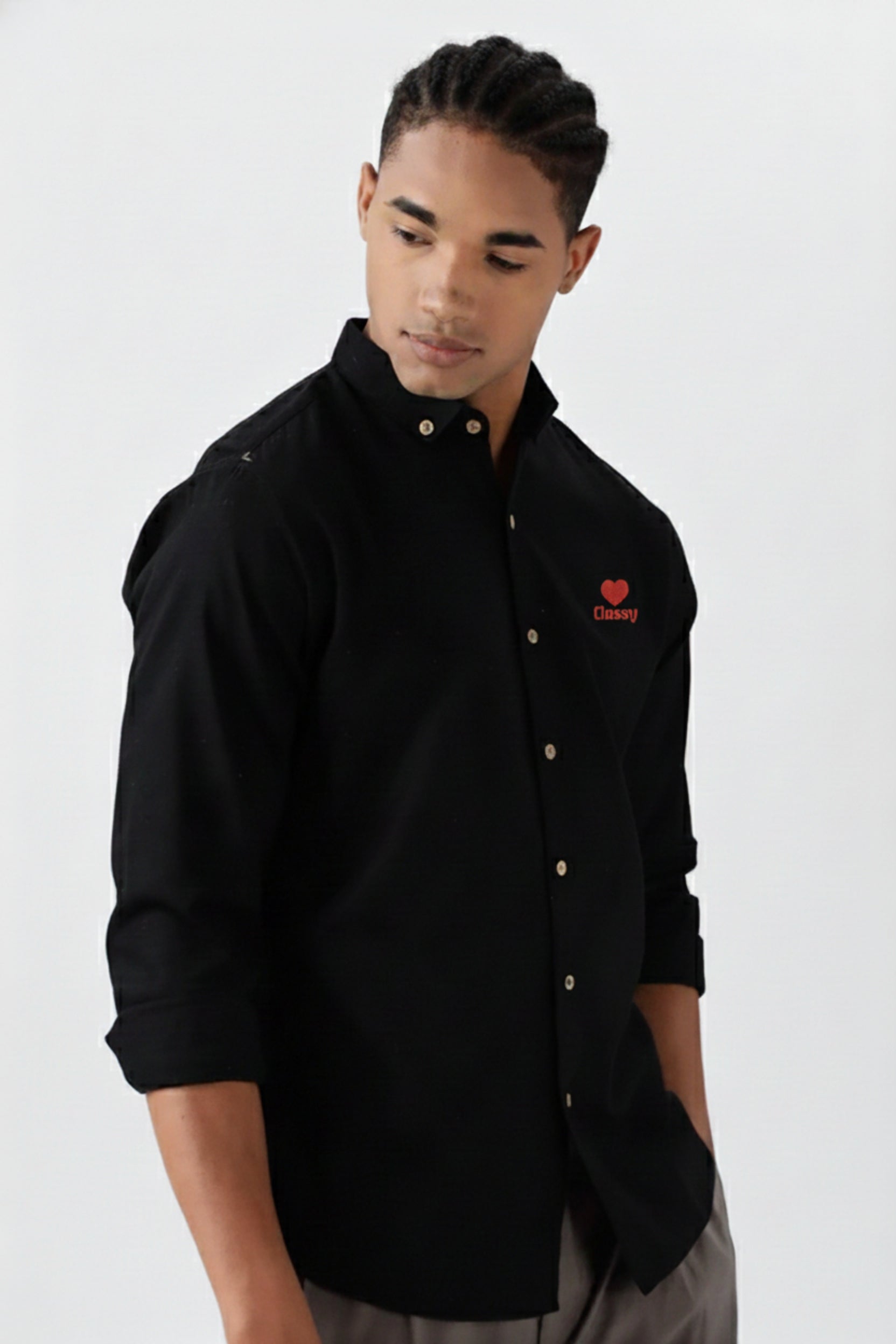 Men's "Classy" Heart Print Casual Button-Down Shirt with Contrast Buttons