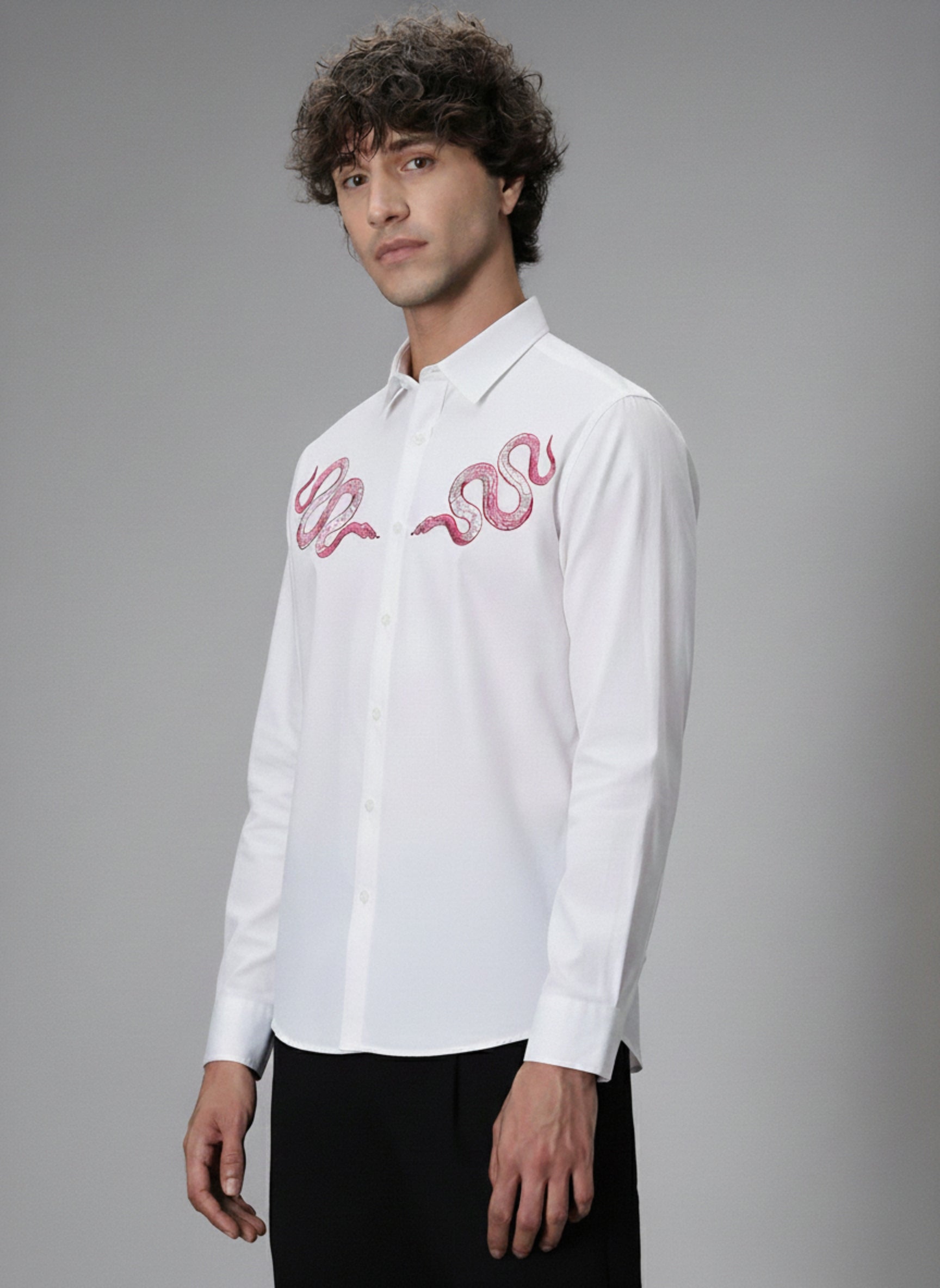 Men's Micro-Ribbed Streetwear Shirt with Pink Snake Embroidery