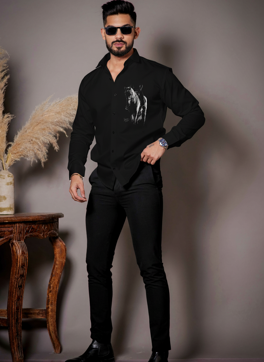 Men's Black Shirt with Equestrian Sketch Print