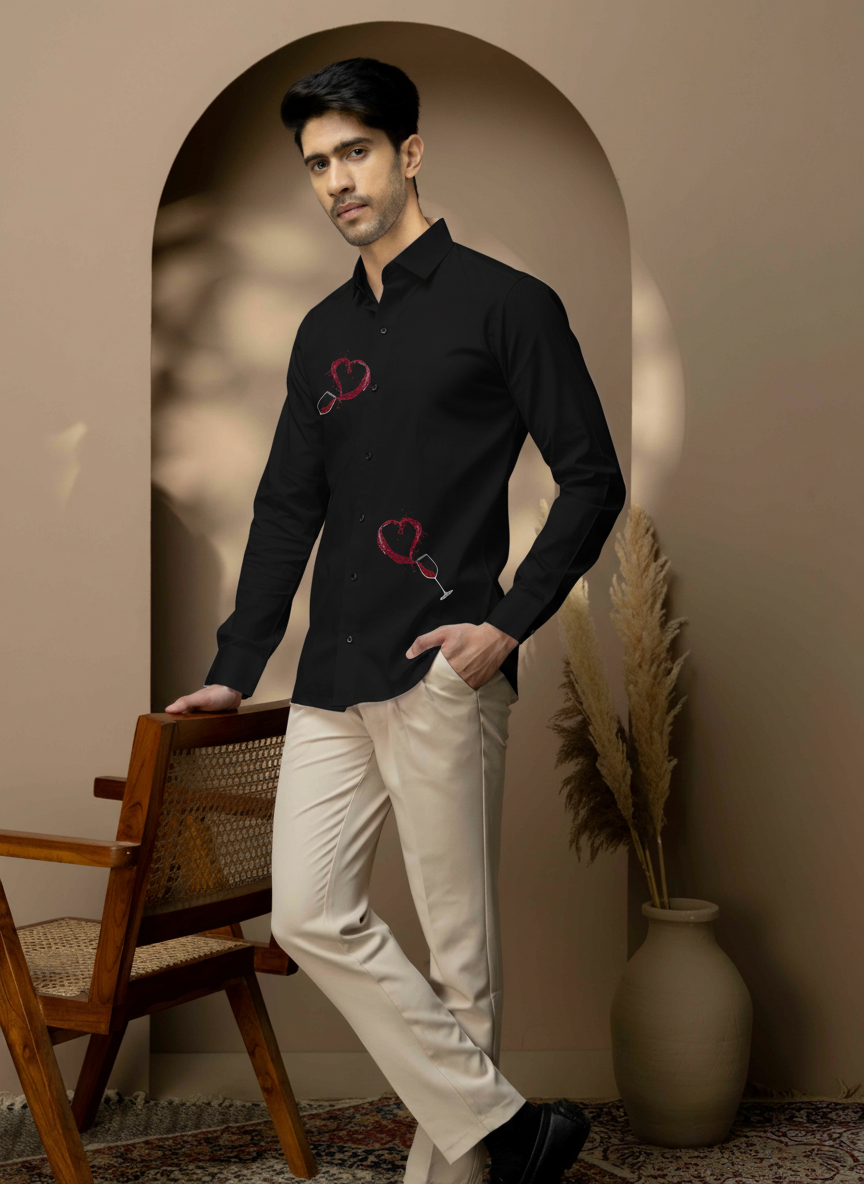 Men's Button-Up Shirt with Wine Glass & Heart Design