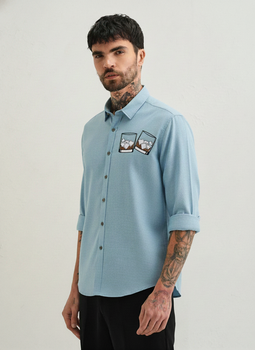 Men’s Light Blue “Whiskey Glass” Embroidered Casual Shirt