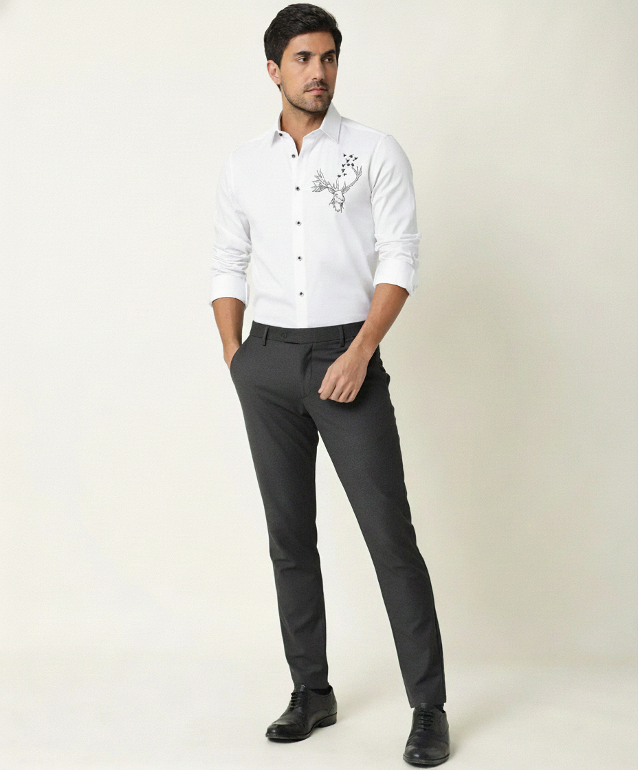 Men’s White Slim Fit Shirt with Black Contrast Collar & Stag Embroidery Detail