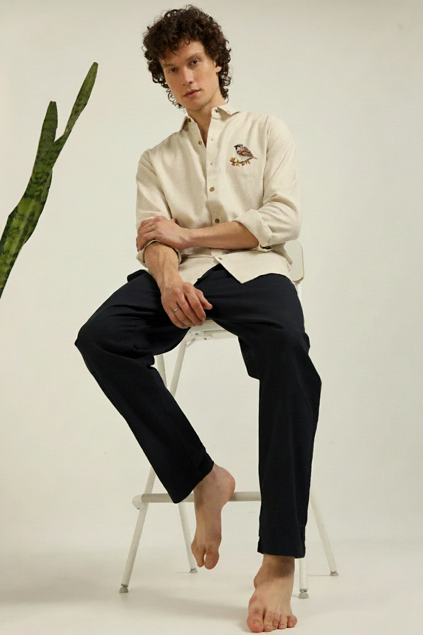 Men’s Cream Slim Fit Shirt with Bird Embroidery on Chest