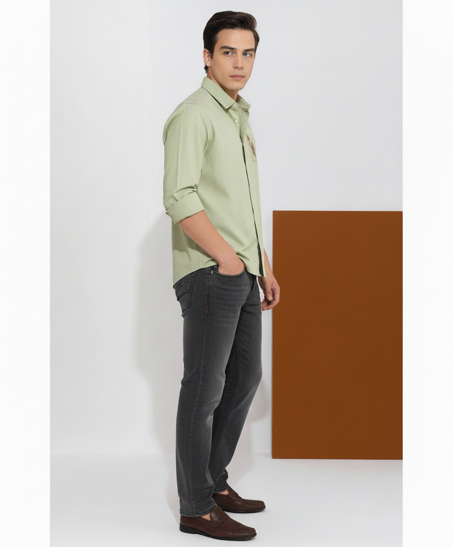 Men’s Light Sage Green Shirt with Artistic Embroidered Motif