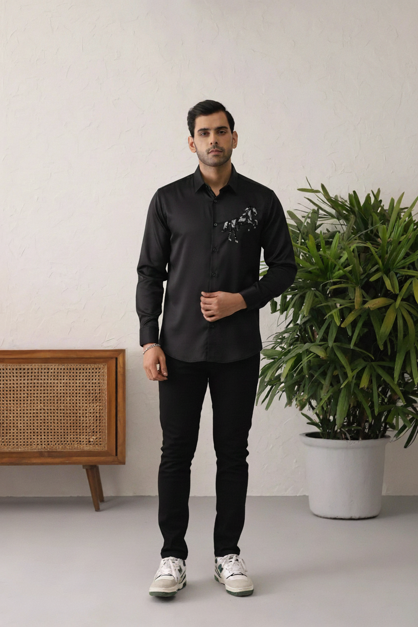 Men’s Black Slim Fit Shirt with Abstract Horse Embroidery & Button-Down Front
