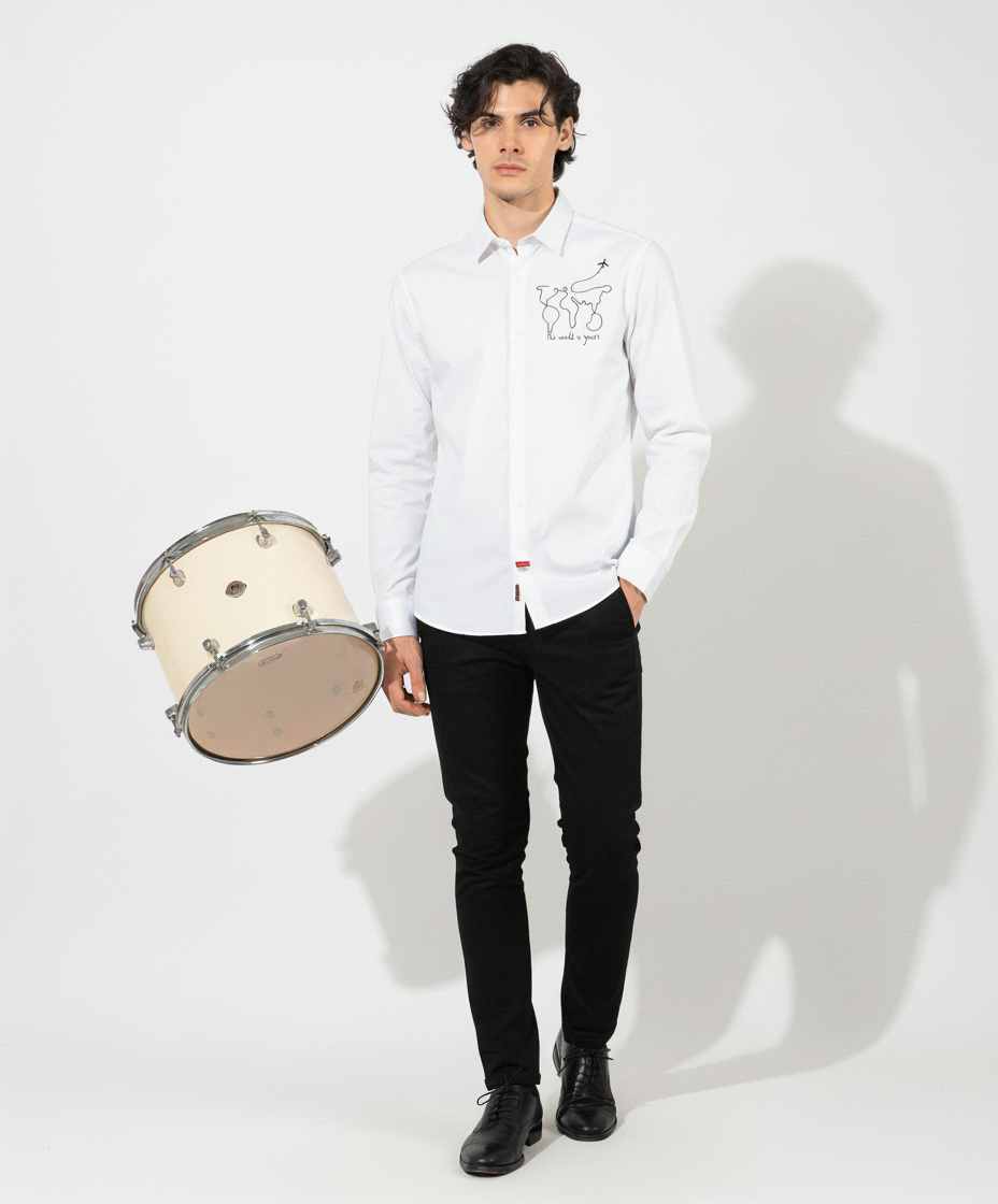 Men’s White “The World is Yours” Embroidered Travel-Inspired Shirt