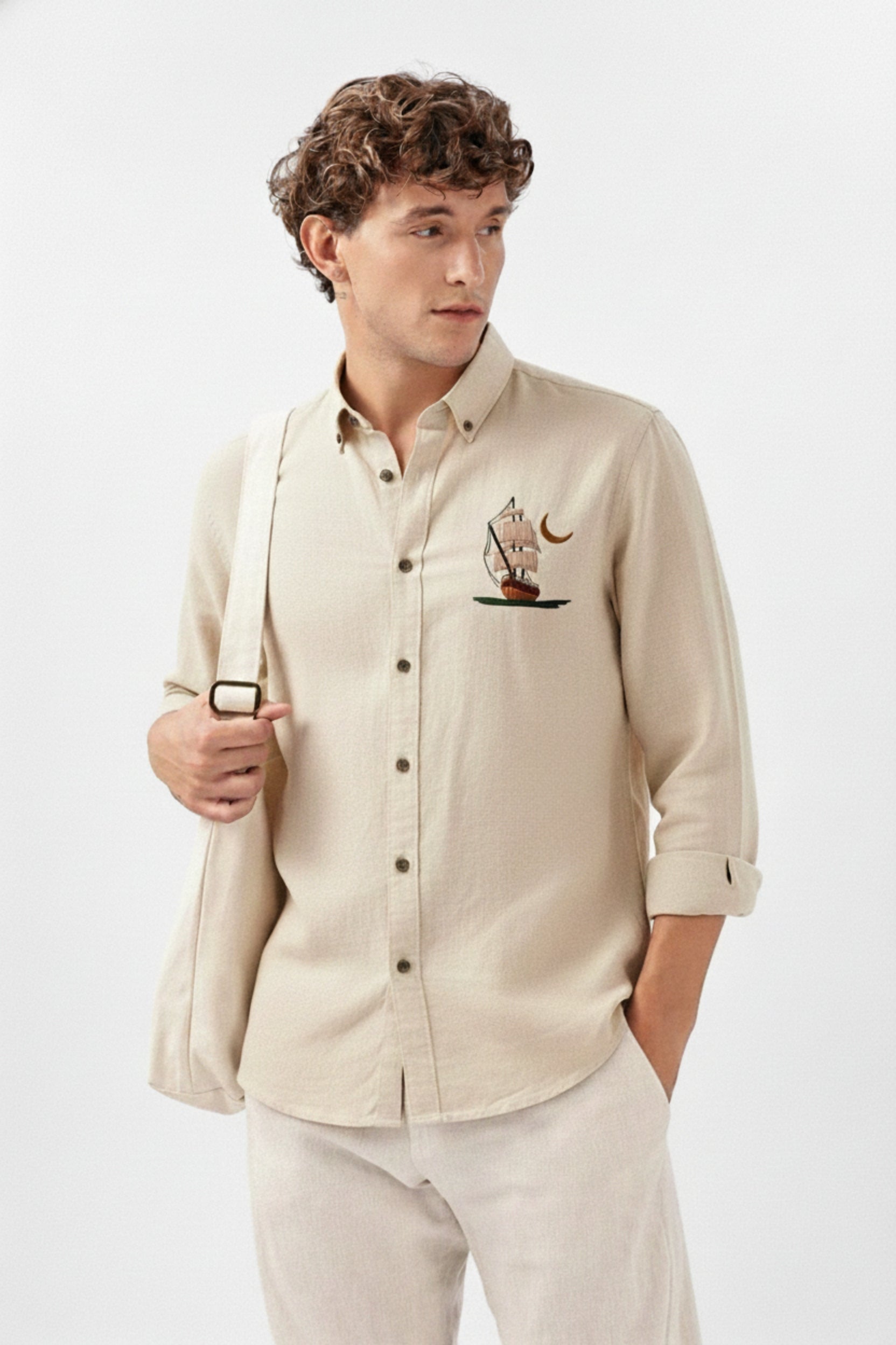 Men’s Premium Button-Down Shirt with Sailboat & Crescent Moon Embroidered Design