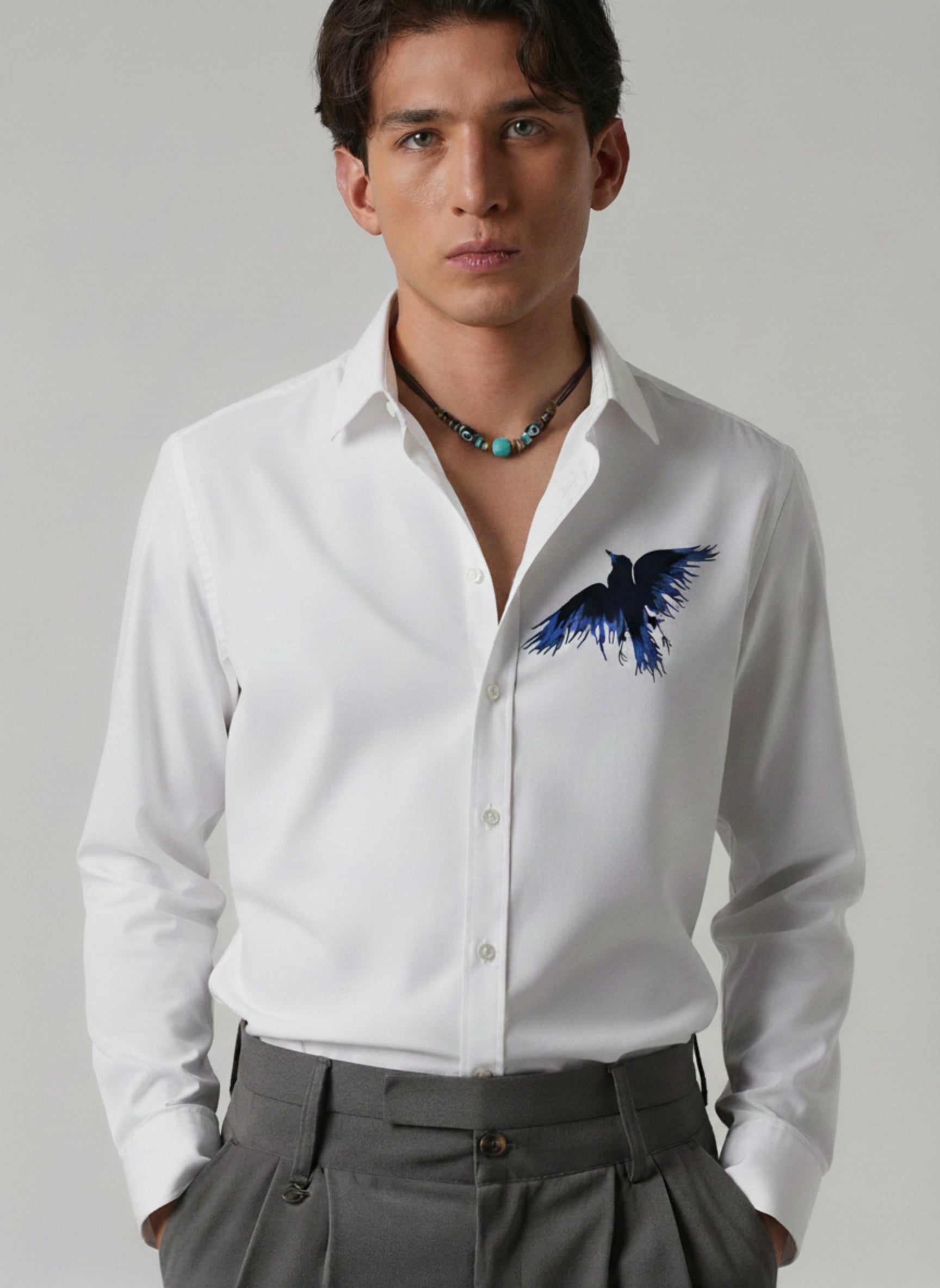 Men’s Linen-Blend Button-Down Shirt with Blue Raven Embroidery