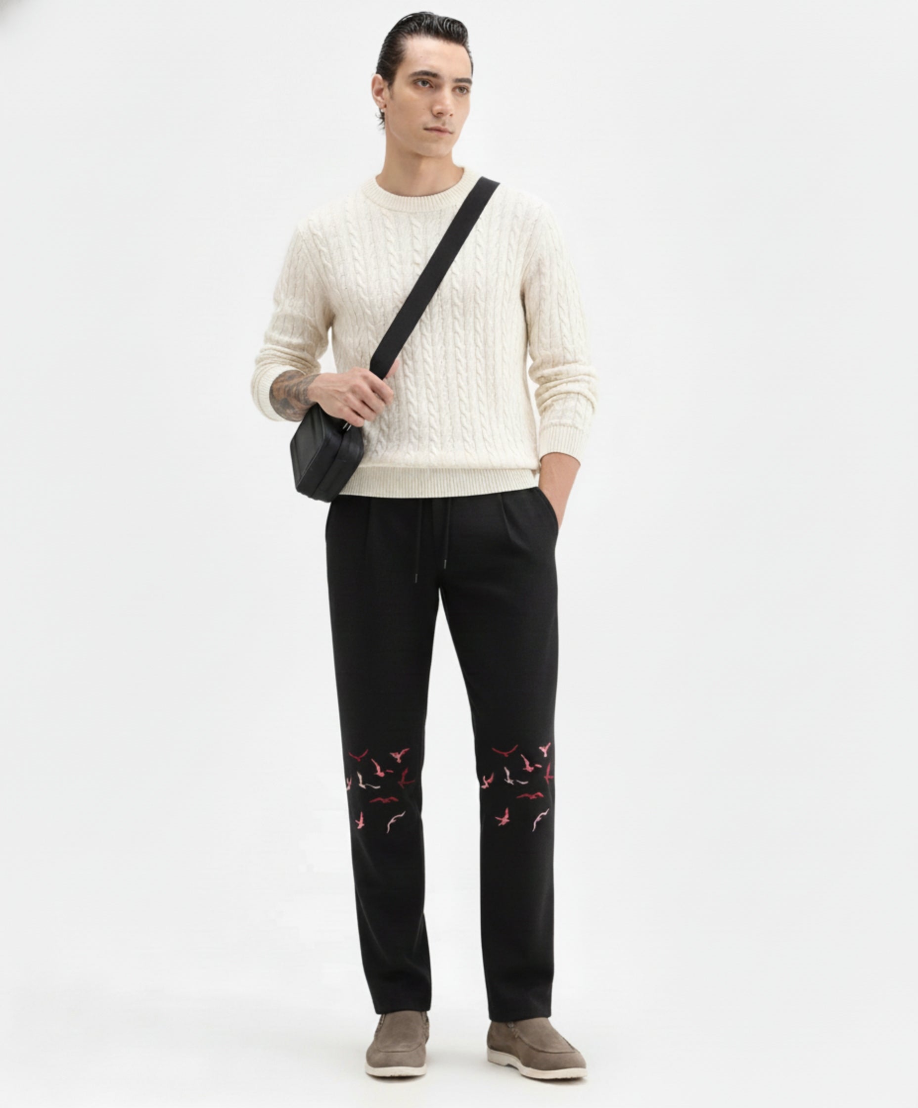 Flying Birds Embroidered Relaxed-Fit Trousers