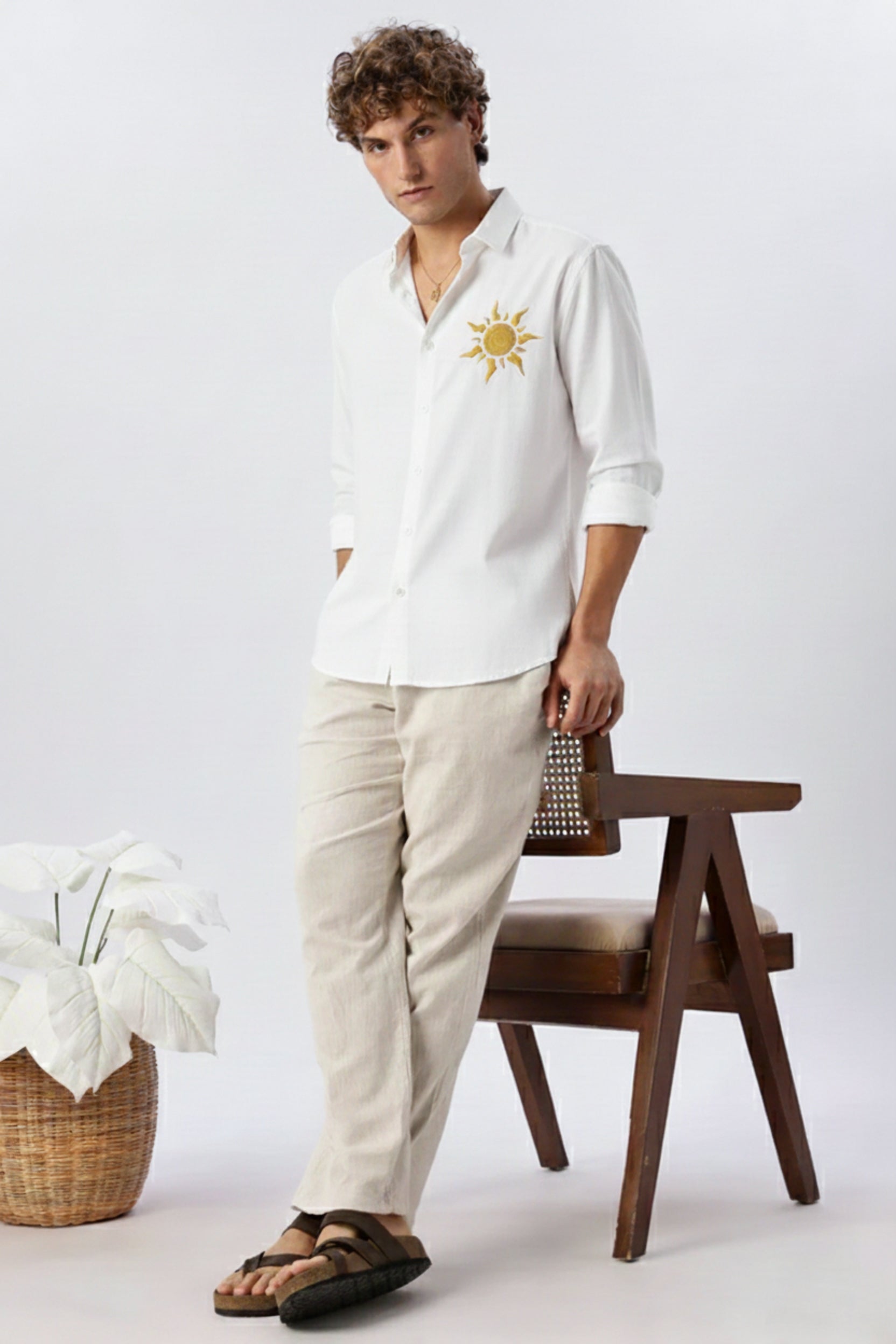 Men's Satin-Finish Shirt with Gold Sun Embroidery