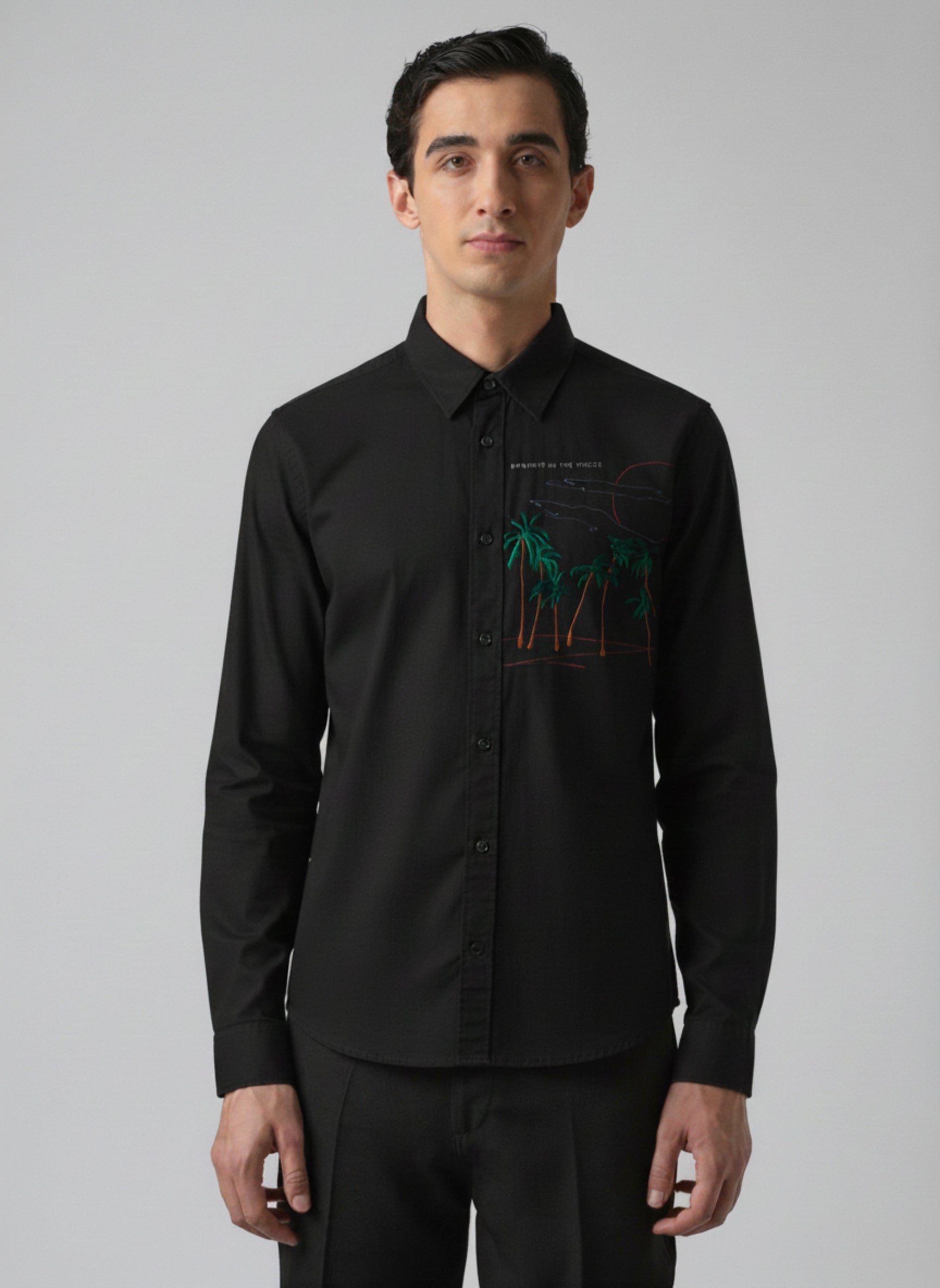Men’s Casual Linen-Blend Embroidered Palm Tree Shirt