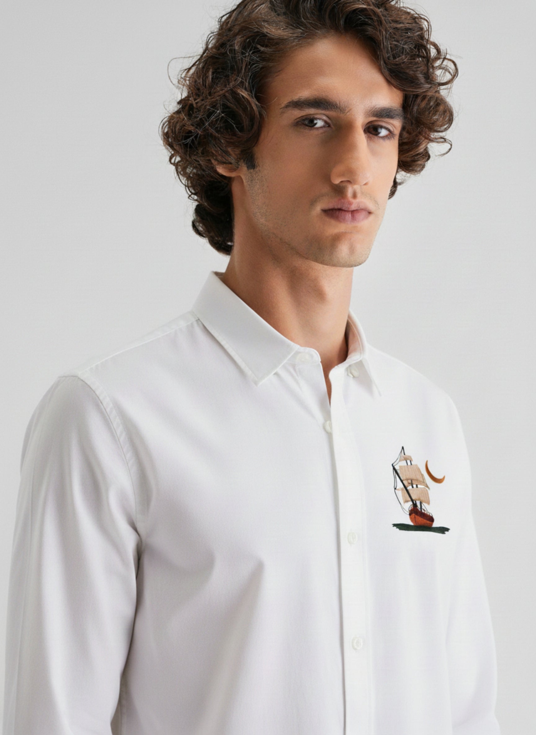Men’s Premium Button-Down Shirt with Sailboat & Crescent Moon Embroidered Design