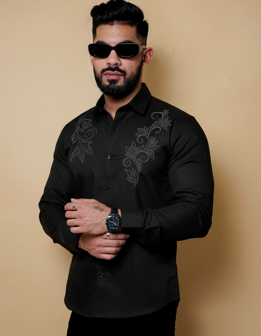 Men's Elegant Shirt with Intricate Embroidered Floral Design