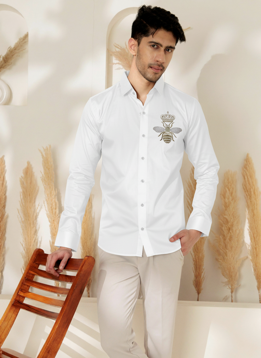 Men's Black Button-Up Shirt with Crowned Bee Design