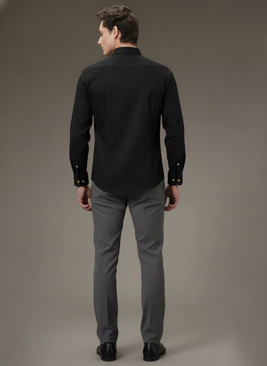 Men’s Black Slim Fit Shirt with Golden Deer Embroidery & Contrast Buttons