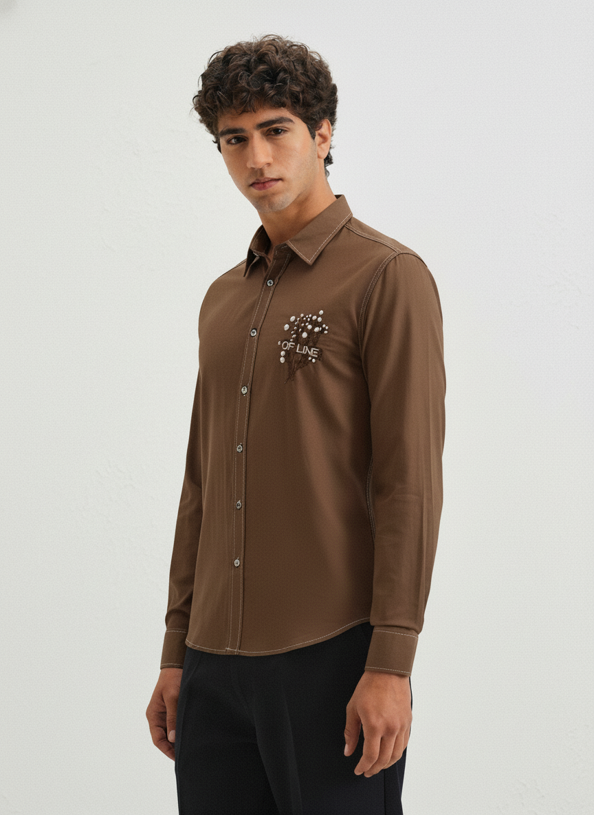 Men’s Brown Slim Fit Shirt with “Offline” Embroidery & Contrast Stitch Detailing
