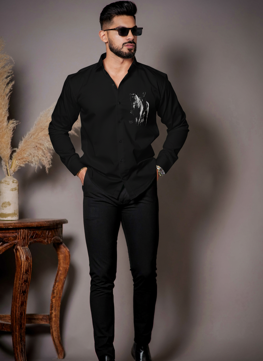 Men's Black Shirt with Equestrian Sketch Print