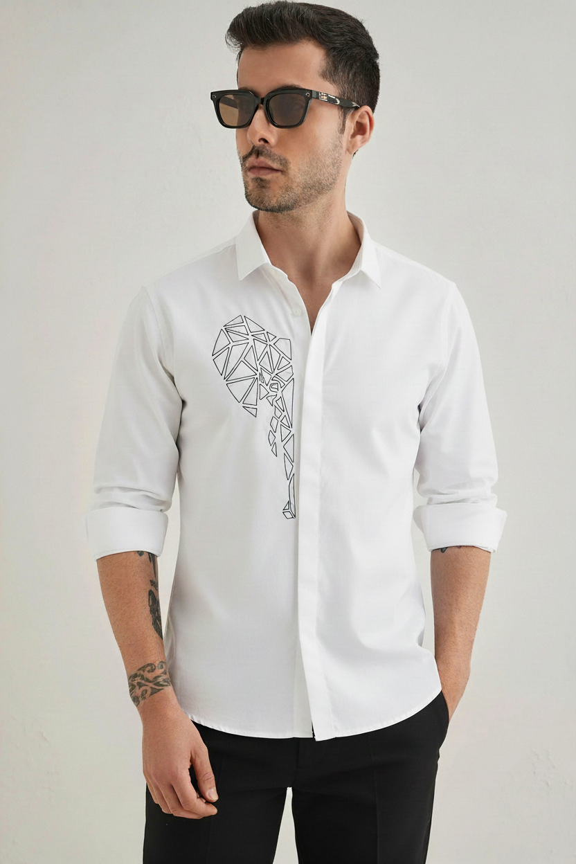 Men’s White Slim Fit Shirt with Geometric Elephant Embroidery & Concealed Placket