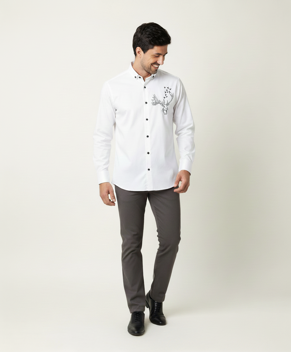 Men’s White Slim Fit Shirt with Black Contrast Collar & Stag Embroidery Detail