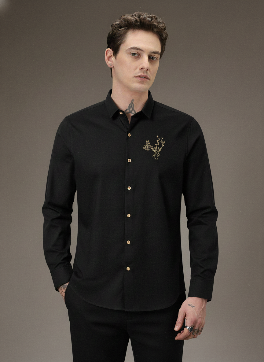 Men’s Black Slim Fit Shirt with Golden Deer Embroidery & Contrast Buttons