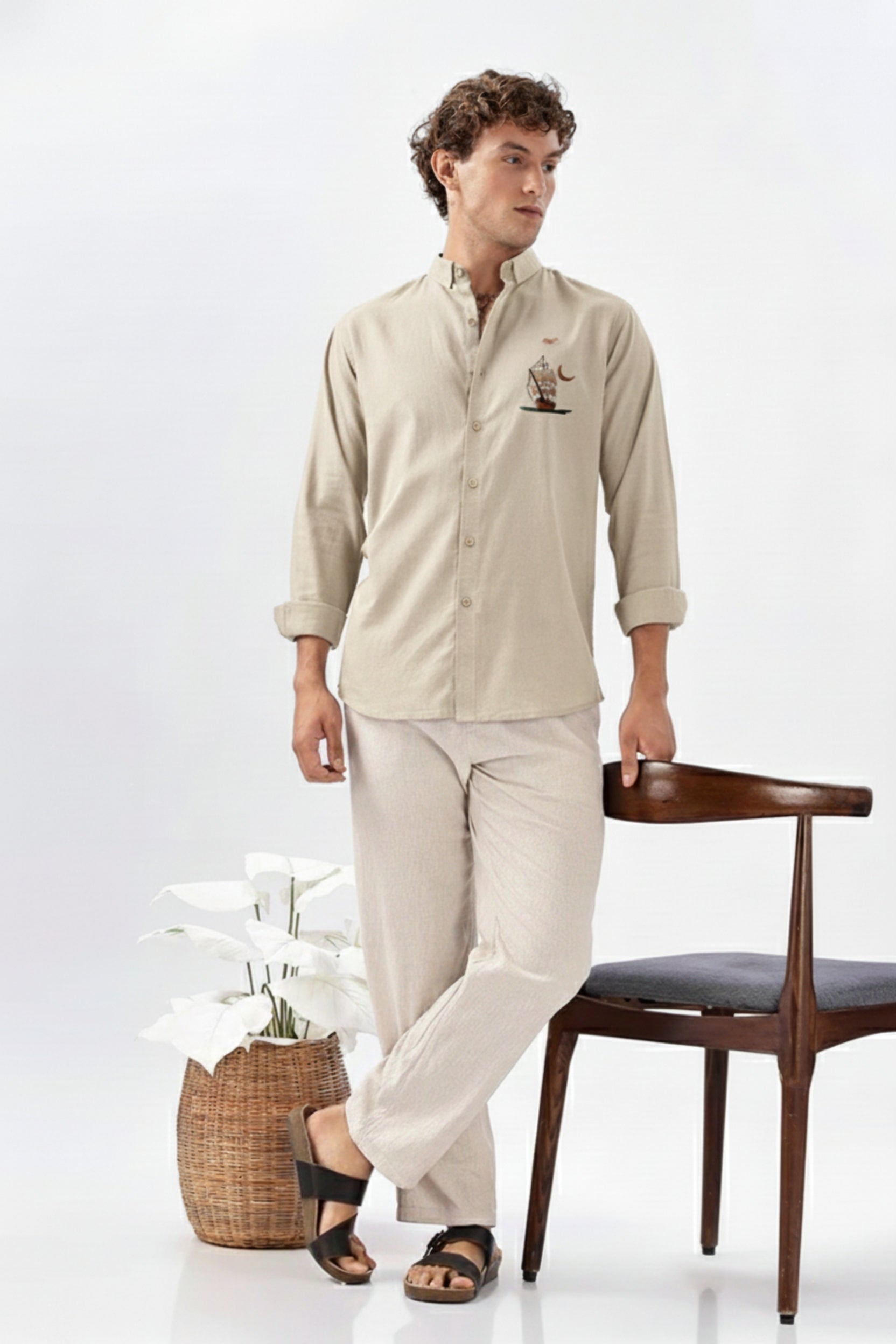 Men’s Premium Button-Down Shirt with Sailboat & Crescent Moon Embroidered Design