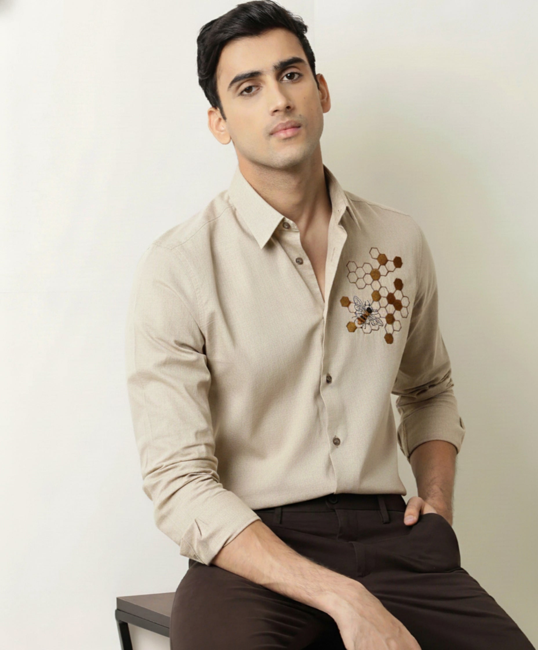 Men's Button-Down Shirt with Gold Honeycomb & Bee Embroidery